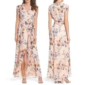 Eliza J Women's Blush Pink Tie Belt Hi Low Hem Floral Maxi Dress Plus Size 16